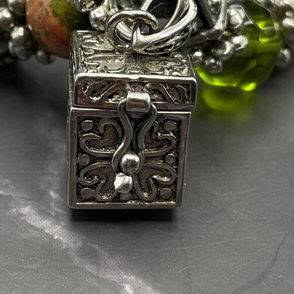 Vintage Unakite & Sterling Bracelet 925 Locking Box Charm Glass Beads Faux Pearl - Picture 6 of 10